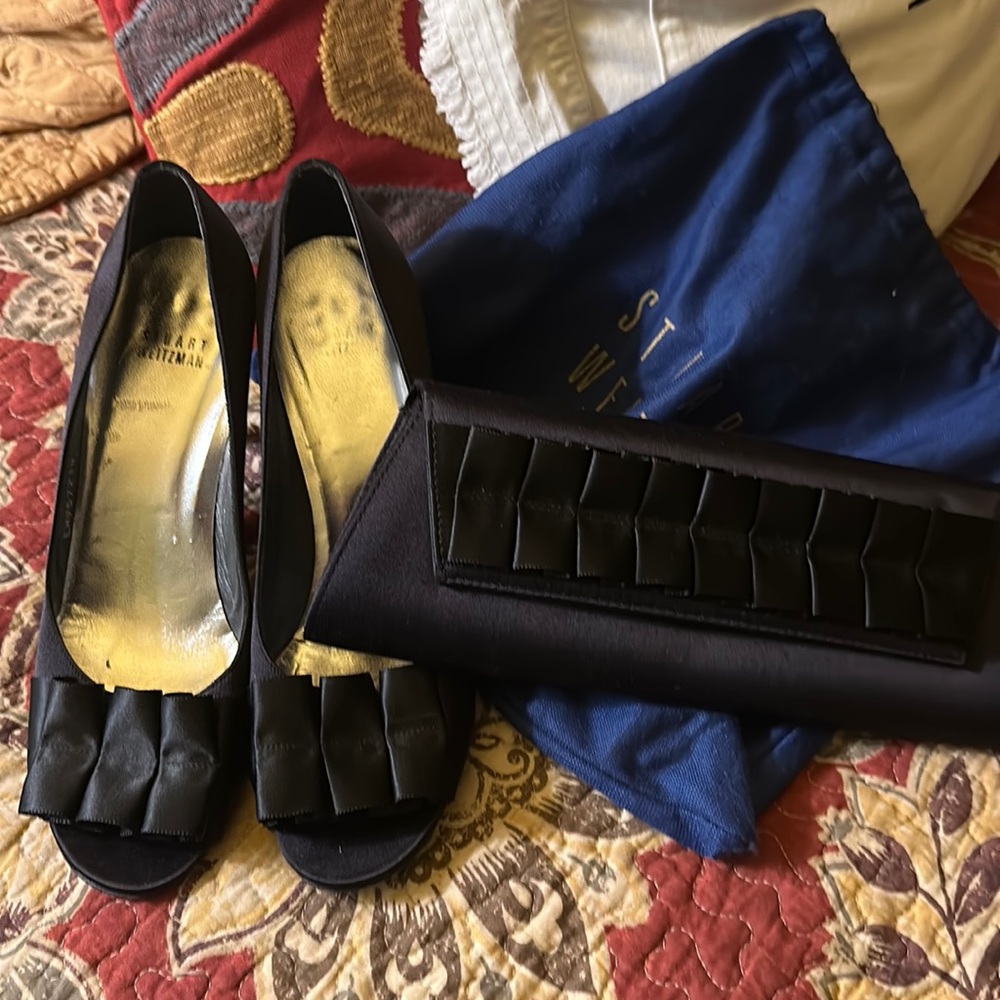 Black satin shoes with matching clutch